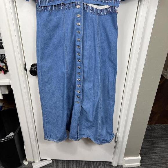 Vintage M.H.M. Melissa Harpe Denim Bead Fringe Western Y2K Button Front Size 10 - Picture 4 of 11